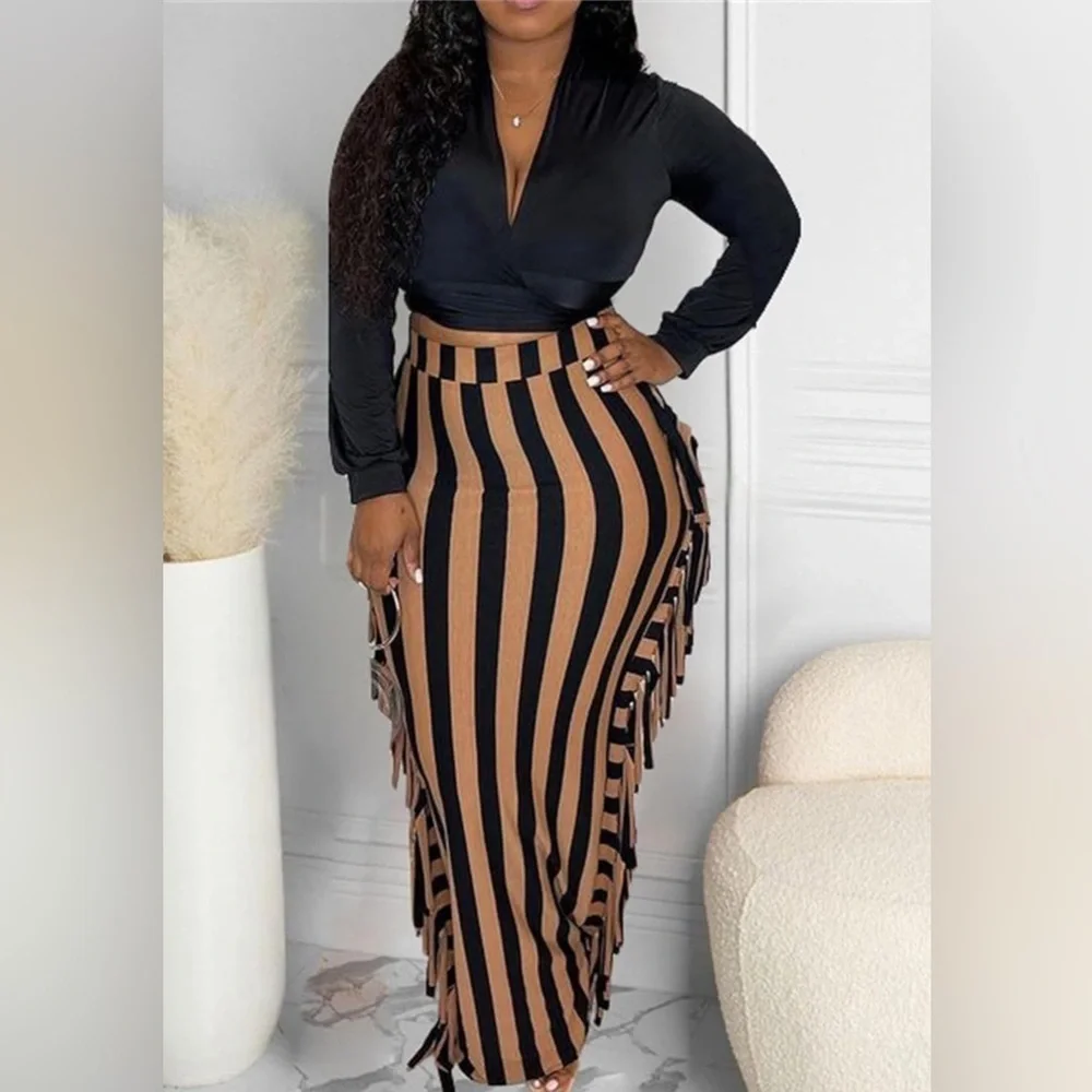 Fringe Maxi Pencil High Waist Bodycon Striped Tassel Skirt Black Brown, Small